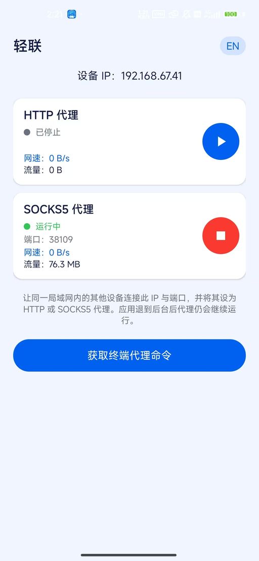 轻联 Lite Link Android 版应用截图：代理服务与流量监控界面